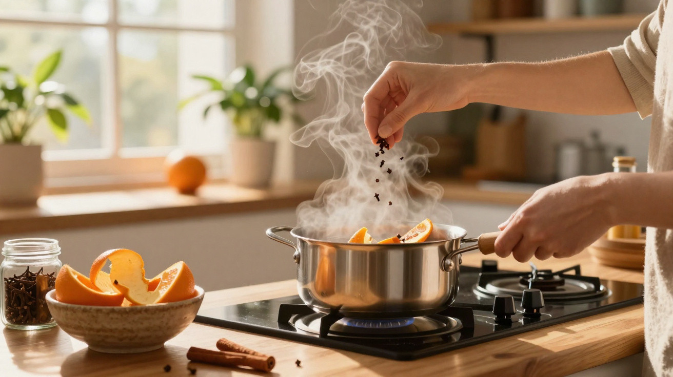 Mãos a temperar uma panela a ferver com cascas de laranja e especiarias numa cozinha iluminada.