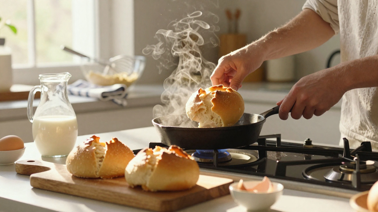 Pessoa a aquecer pão numa frigideira com vapor, com leite, ovos e pão na bancada da cozinha.