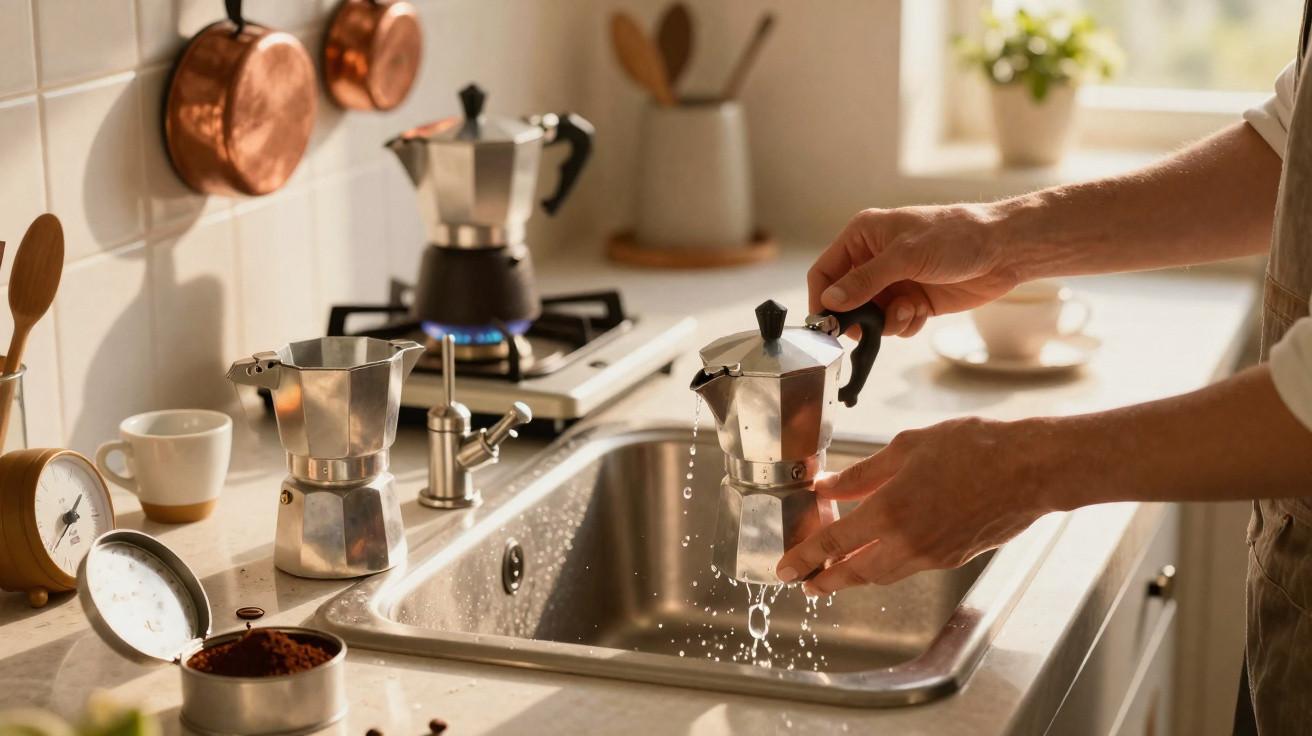 Pessoa a lavar uma cafeteira moka em cozinha com luz natural e utensílios de cobre ao fundo.
