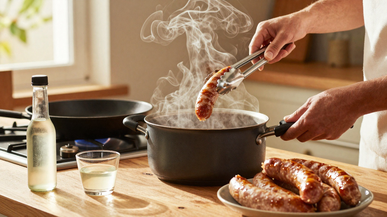 Pessoa a retirar chouriço fumegante de panela numa cozinha com uma mesa de madeira e garrafa de vinho branco.