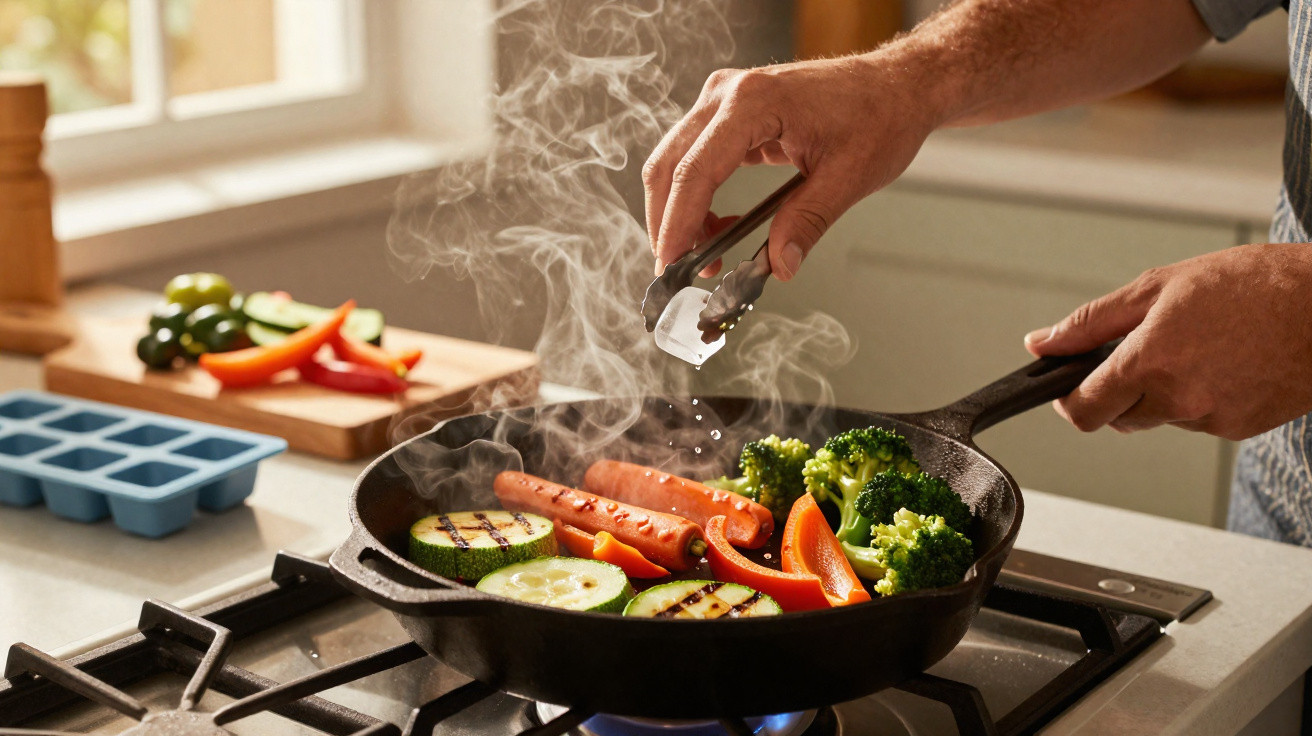 Mãos a temperar salsichas e legumes grelhados numa frigideira com vapor numa cozinha luminosa.