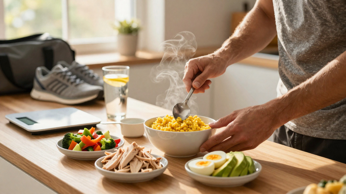 Pessoa a servir comida quente numa tigela, com pratos de legumes, frango, abacate e ovo numa cozinha.