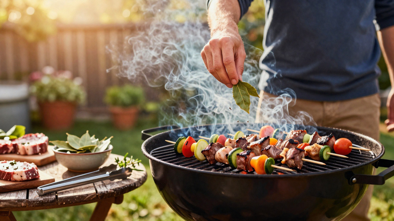Pessoa a colocar uma folha de louro na grelha com espetadas e legumes, num churrasco ao ar livre.