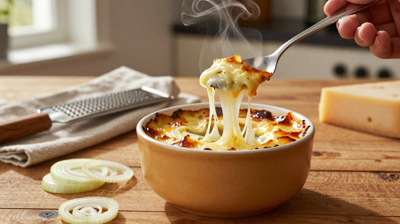 Tigela com sopa de cebola gratinada com queijo derretido e fumegante, ao lado de cebola e ralador.