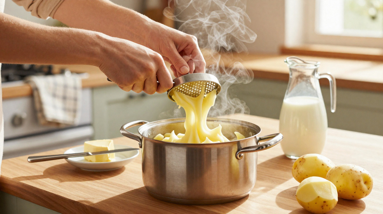 Mãos a coar puré de batata quente numa panela, com batatas, manteiga e leite ao lado.