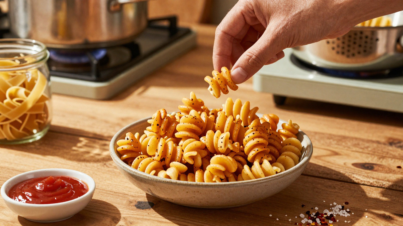 Mão a pegar massa fusilli temperada numa taça, ao lado de molho de tomate e pimento, num balcão de cozinha.