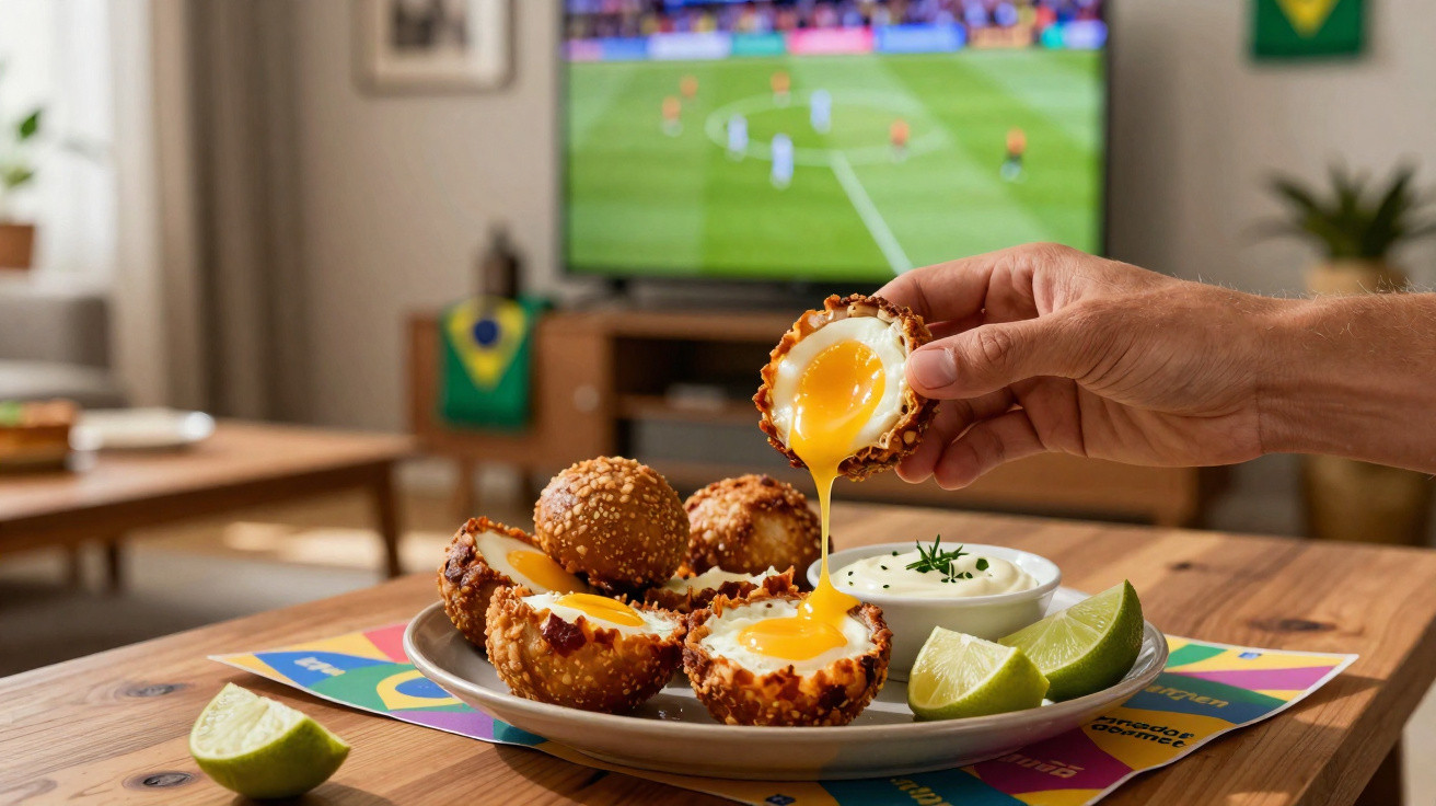 Ovos de codorna empanados com gema escorrendo, limão e molho, numa mesa com televisão a mostrar futebol ao fundo.