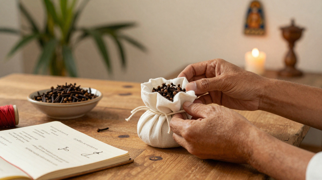 Mãos a colocar cravinhos num saquinho branco sobre uma mesa de madeira com livro aberto e vela ao fundo.