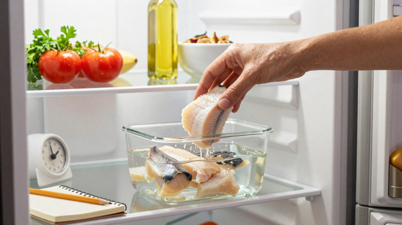 Pessoa coloca pedaço de peixe cru em recipiente com água dentro de frigorífico aberto com legumes e azeite.