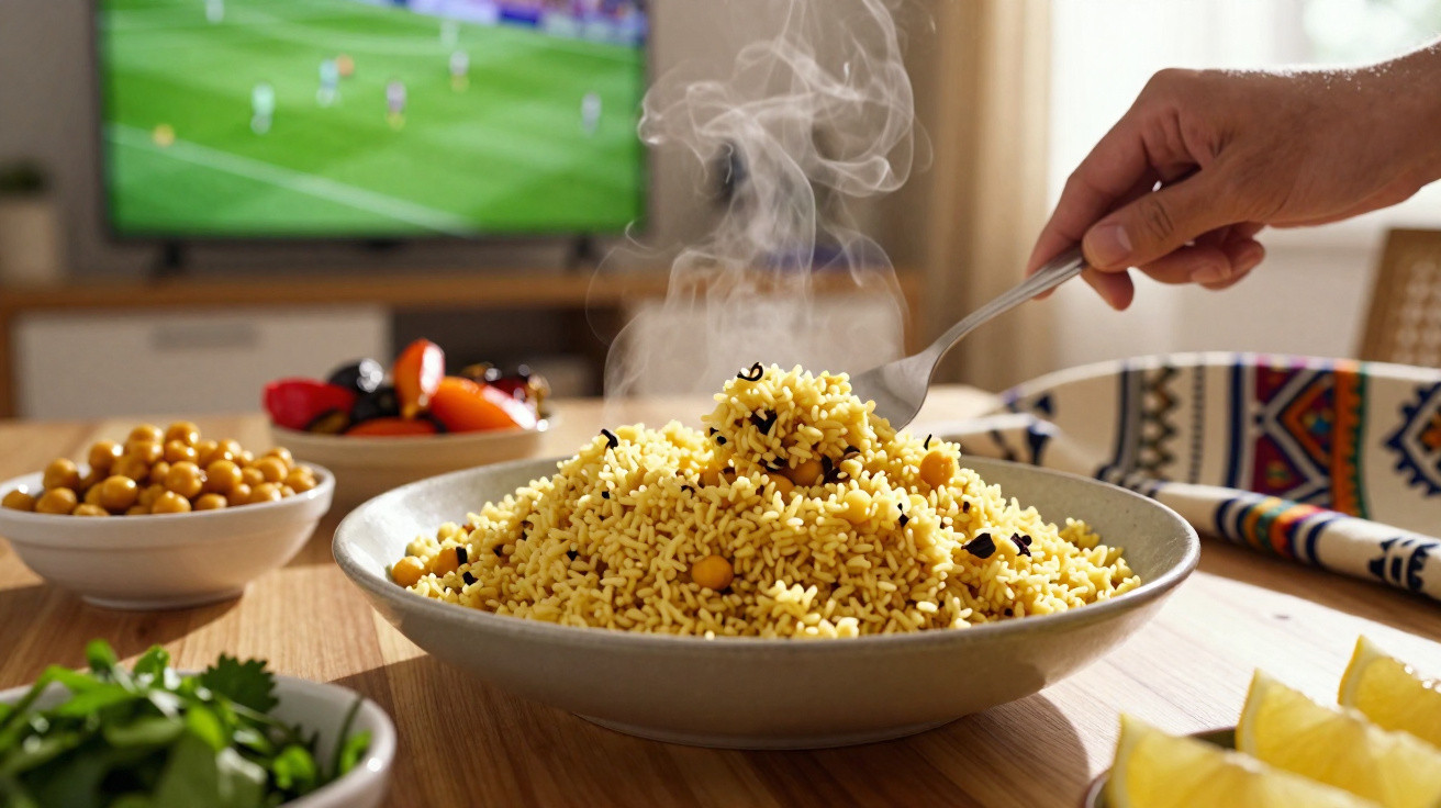 Prato grande de arroz com grão-de-bico fumegante em mesa com outros ingredientes e TV a passar futebol ao fundo
