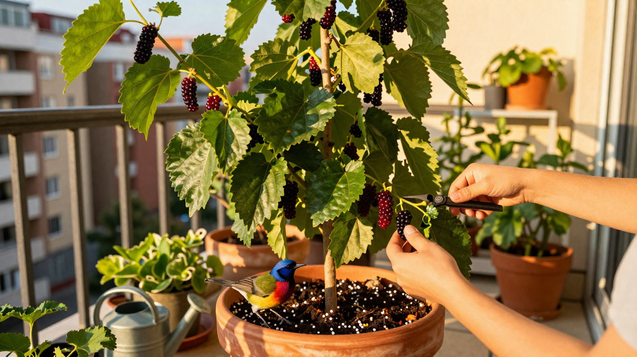 Pessoa a colher frutos pretos maduros de uma amoreira plantada num vaso no terraço com um pequeno pássaro colorido.