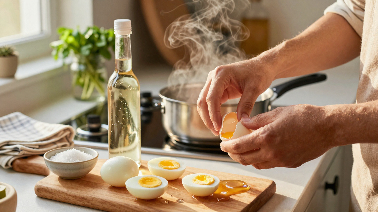 Mãos a partir ovos cozidos numa tábua de madeira com panela a ferver ao fundo na cozinha.