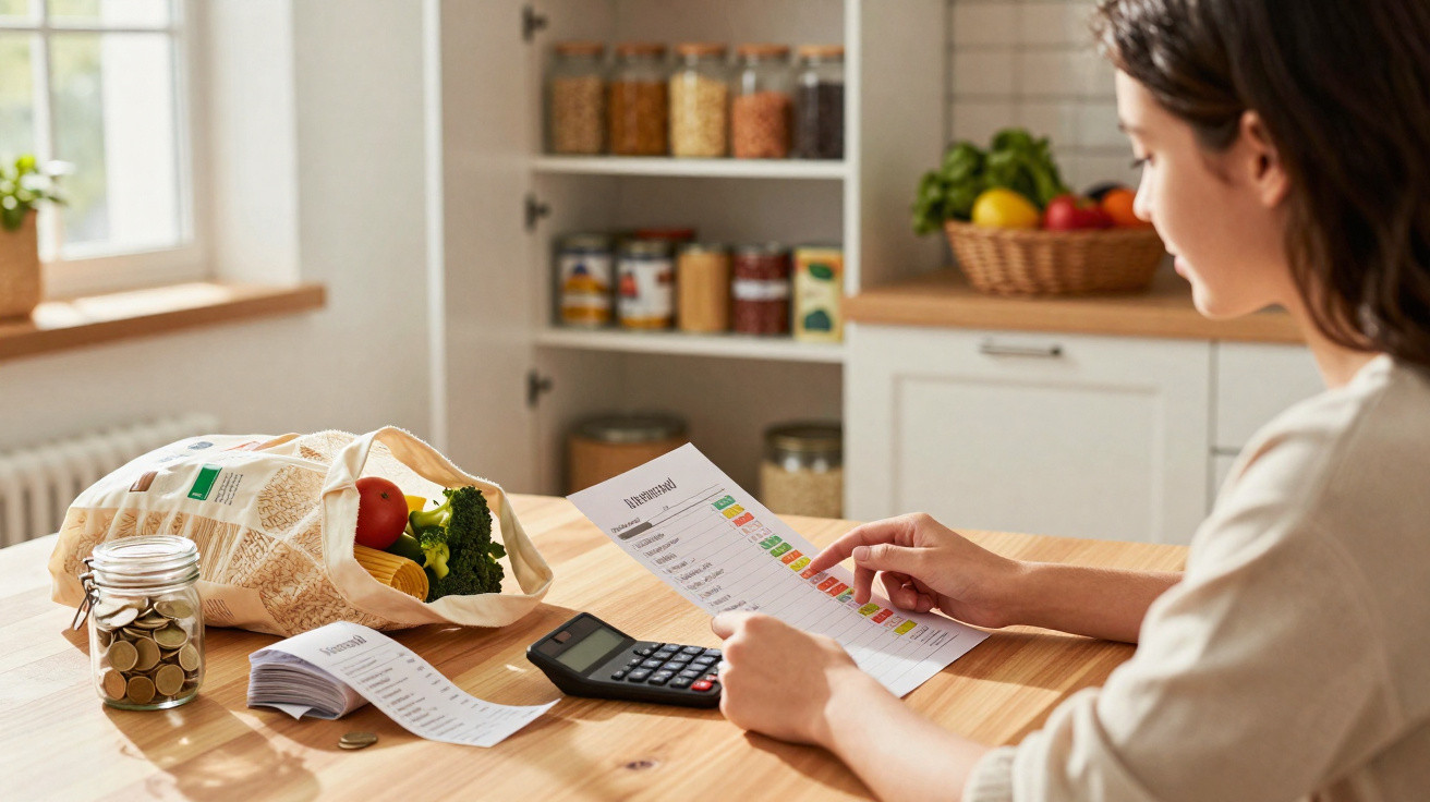 Mulher a calcular orçamento doméstico com calculadora e lista de despesas na cozinha.