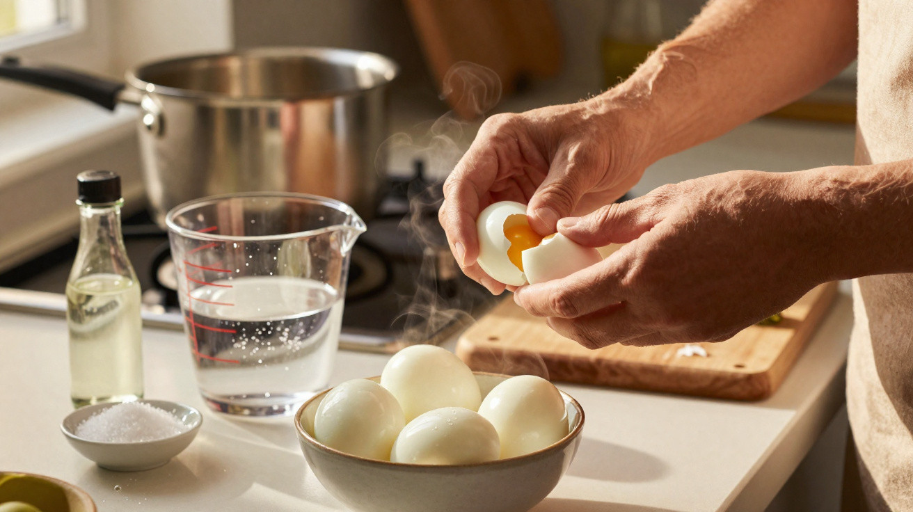 Pessoa a descascar ovos cozidos com vapor numa cozinha, com utensílios e ingredientes ao fundo.