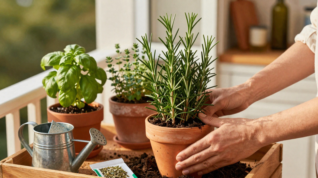 Mãos a cuidar de plantas aromáticas em vasos de barro numa varanda com regador e sementes.