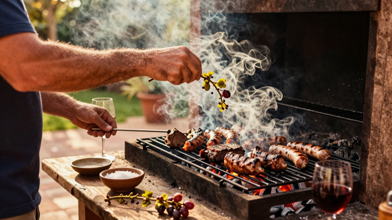 Pessoa a temperar carne e salsichas num churrasco ao ar livre com taça de vinho tinto.