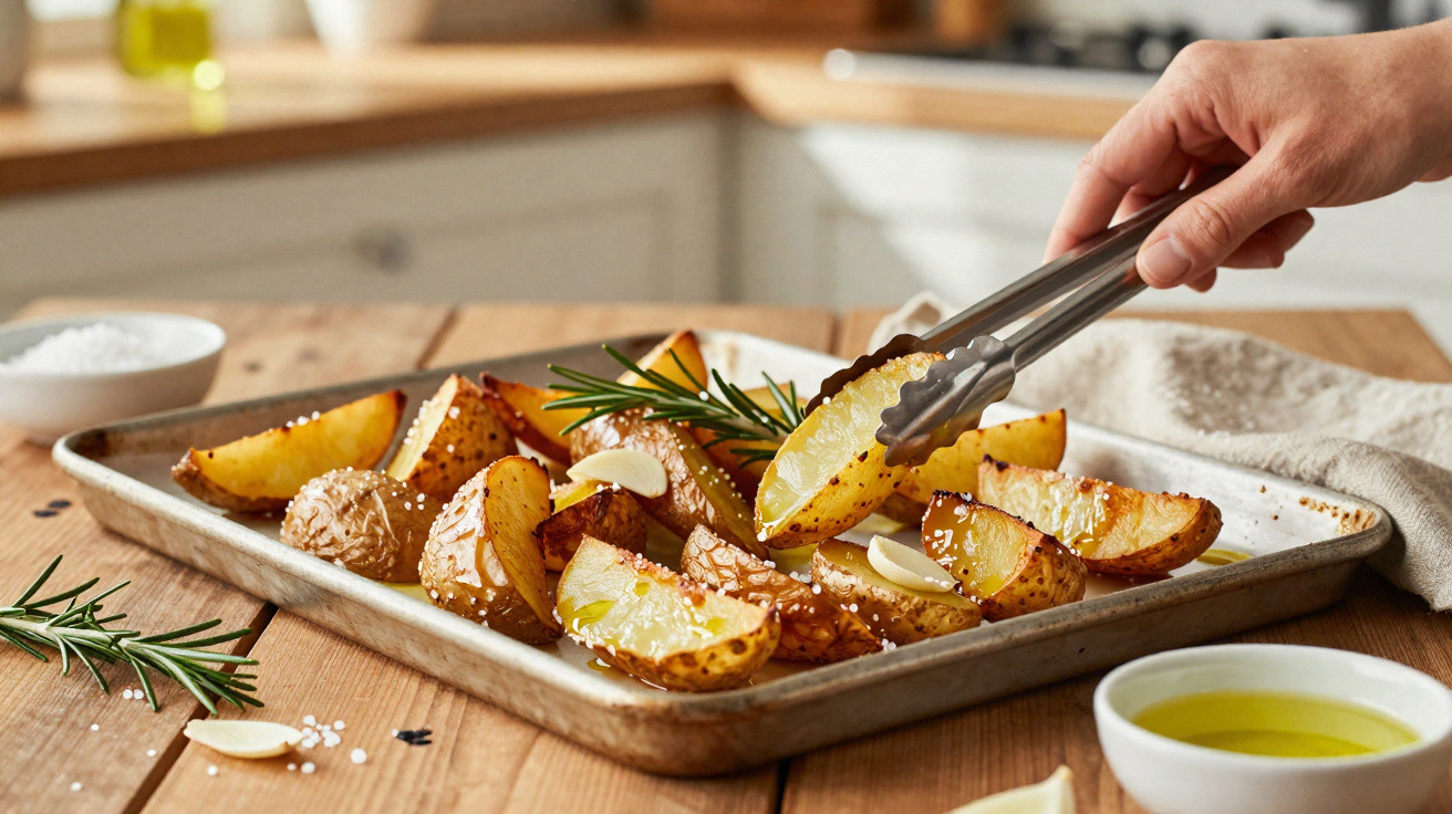 Mão a usar pinças para pegar batatas assadas em tabuleiro com alecrim, alho e sal grosso numa cozinha.