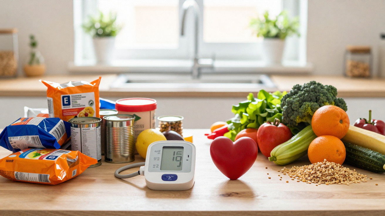 Diversos alimentos embalados e frescos junto a um medidor de pressão arterial e um coração vermelho numa cozinha.