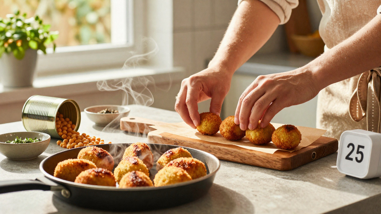 Mãos a colocar bolinhos dourados numa tábua de madeira ao lado de uma frigideira e grão de bico.