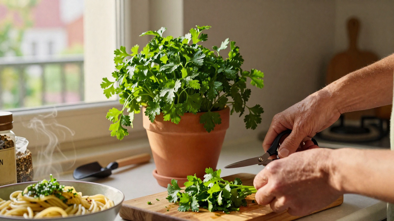 Pessoa a cortar coentros frescos numa tábua de madeira numa cozinha com prato de esparguete ao lado.