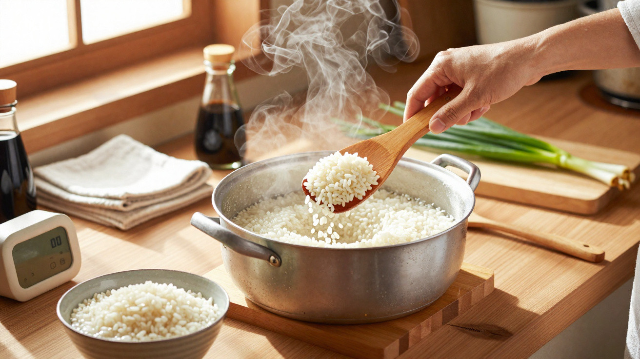 Mão a mexer arroz quente num tacho metálico numa cozinha com legumes e temporizador na bancada.