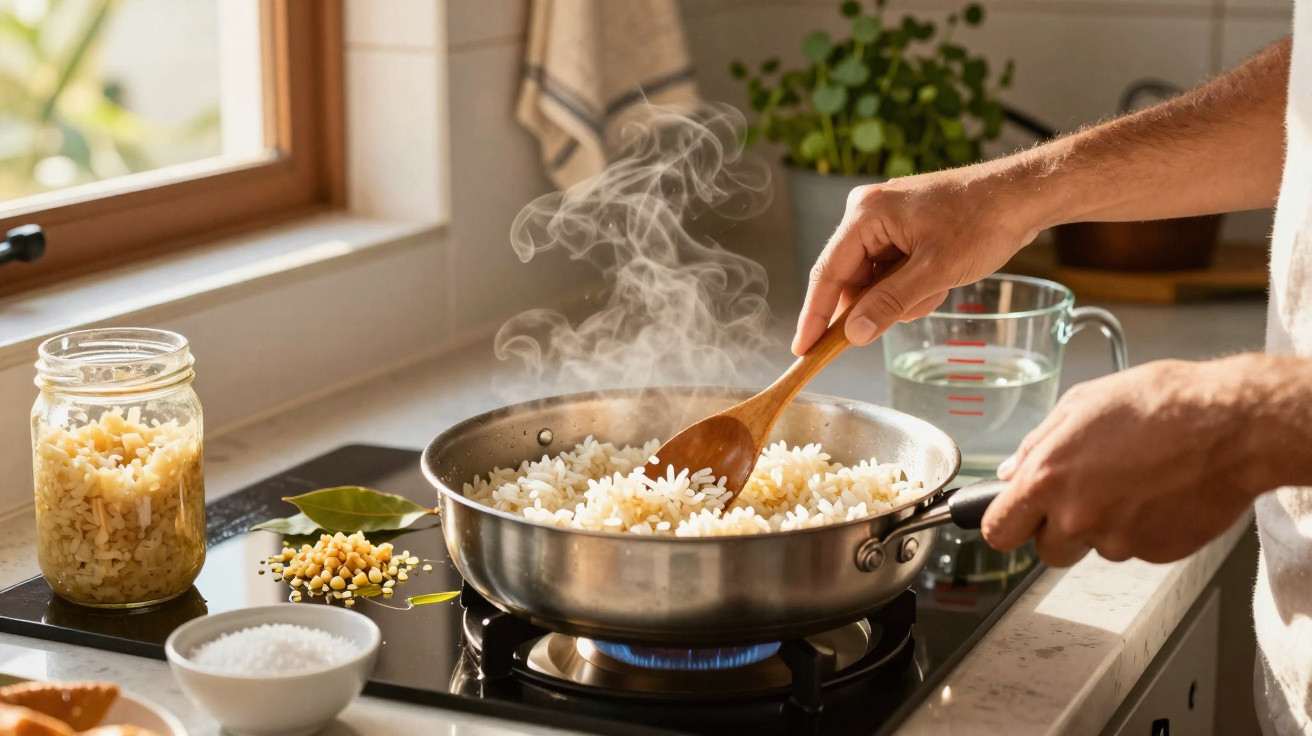 Pessoa a mexer arroz quente numa frigideira numa cozinha bem iluminada com utensílios e ingredientes à volta.
