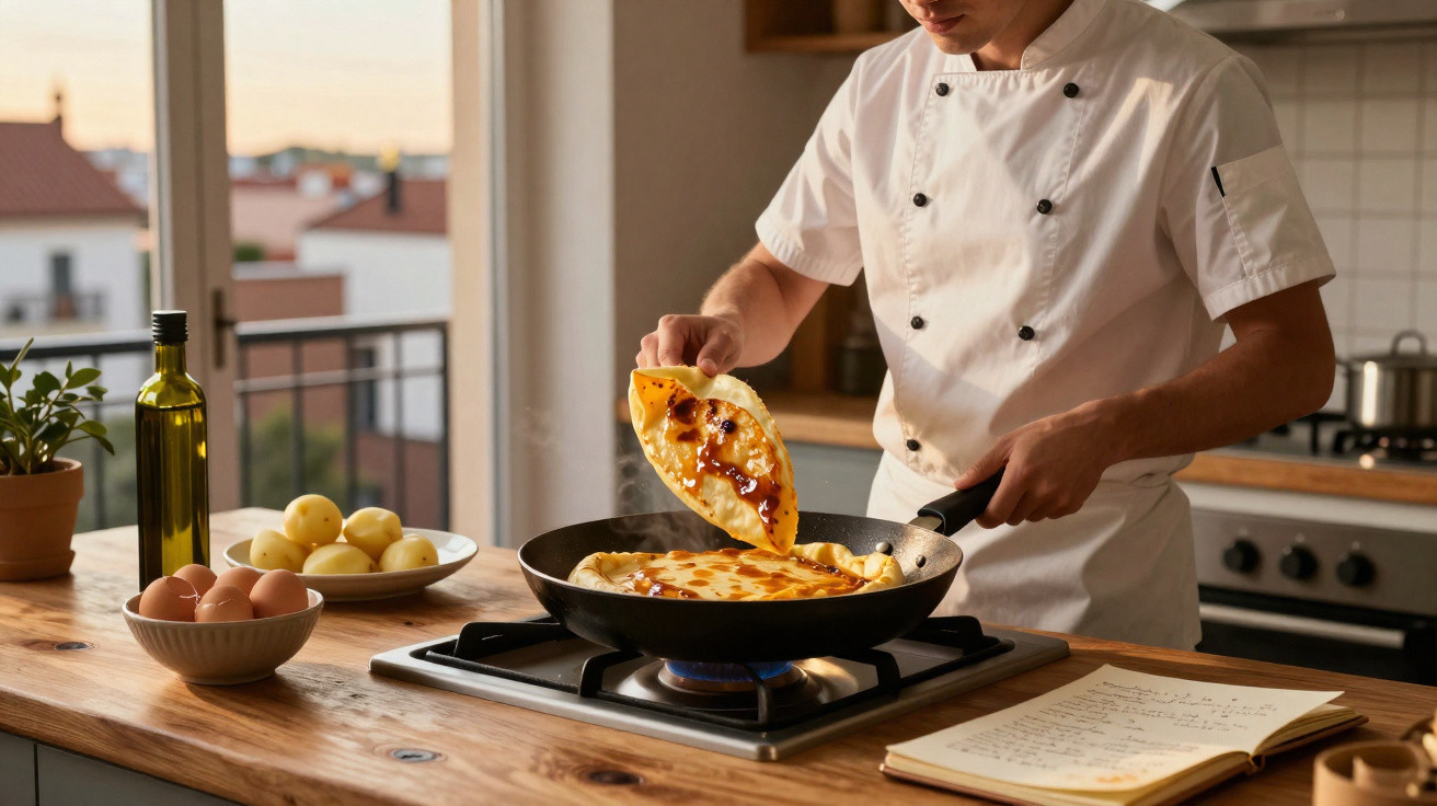 Chef a cozinhar uma omelete na frigideira numa cozinha com ingredientes e receita à mesa.