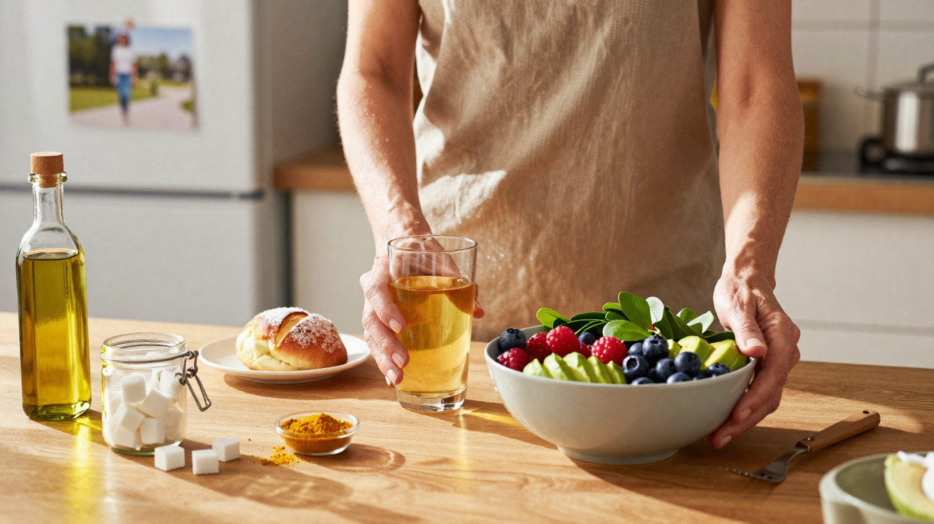 Pessoa de avental segura copo de chá e tigela com fruta fresca sobre mesa de madeira na cozinha.