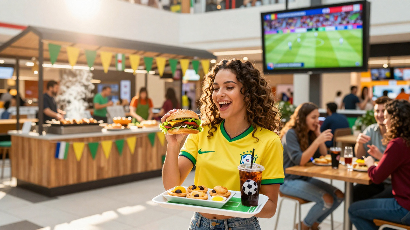 Jovem com camisola do Brasil a segurar hambúrguer e bebida num espaço de convívio com ecrã de futebol ao fundo.