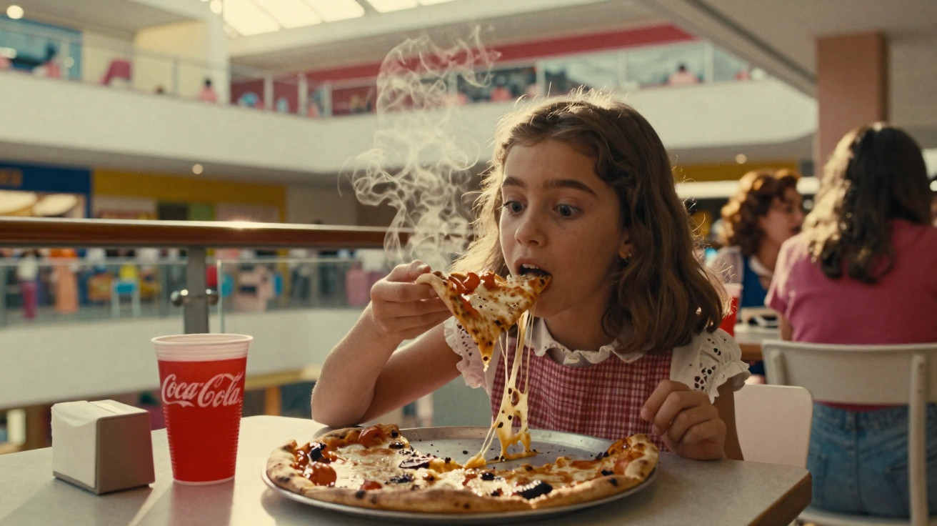 Rapariga a comer uma fatia de pizza fumegante em praça de alimentação, com um copo de Coca-Cola ao lado.
