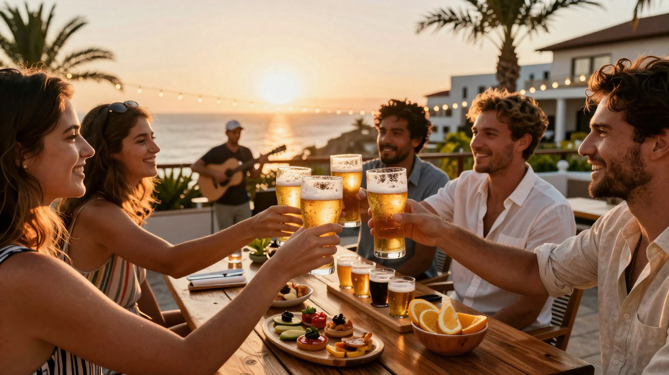Grupo de amigos brindando com cervejas ao pôr do sol numa esplanada com petiscos na mesa.