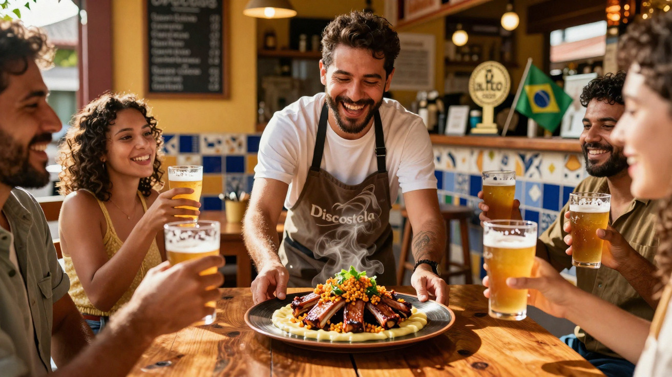 Grupo de amigos a brindar com cerveja enquanto empregado serve prato fumegante num restaurante.