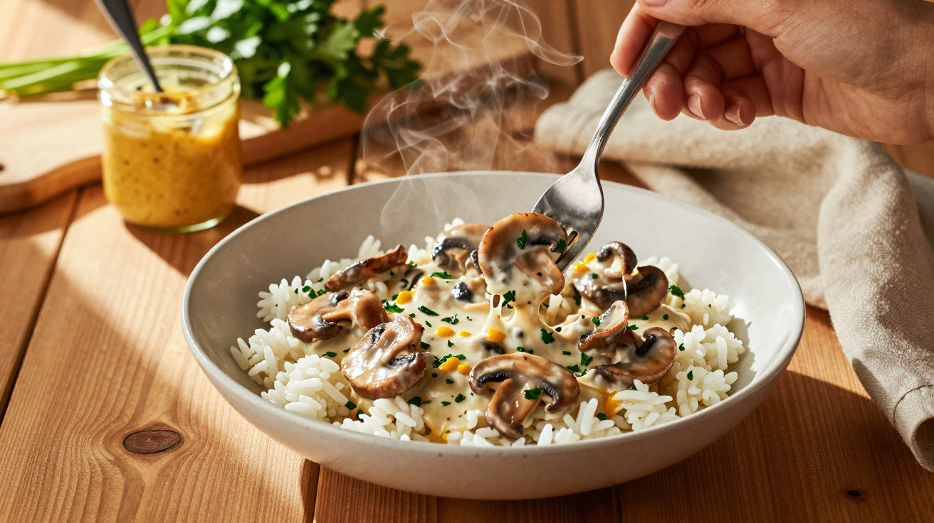 Prato de arroz branco com cogumelos cremosos e ervas, com vapor e mão a segurar garfo.