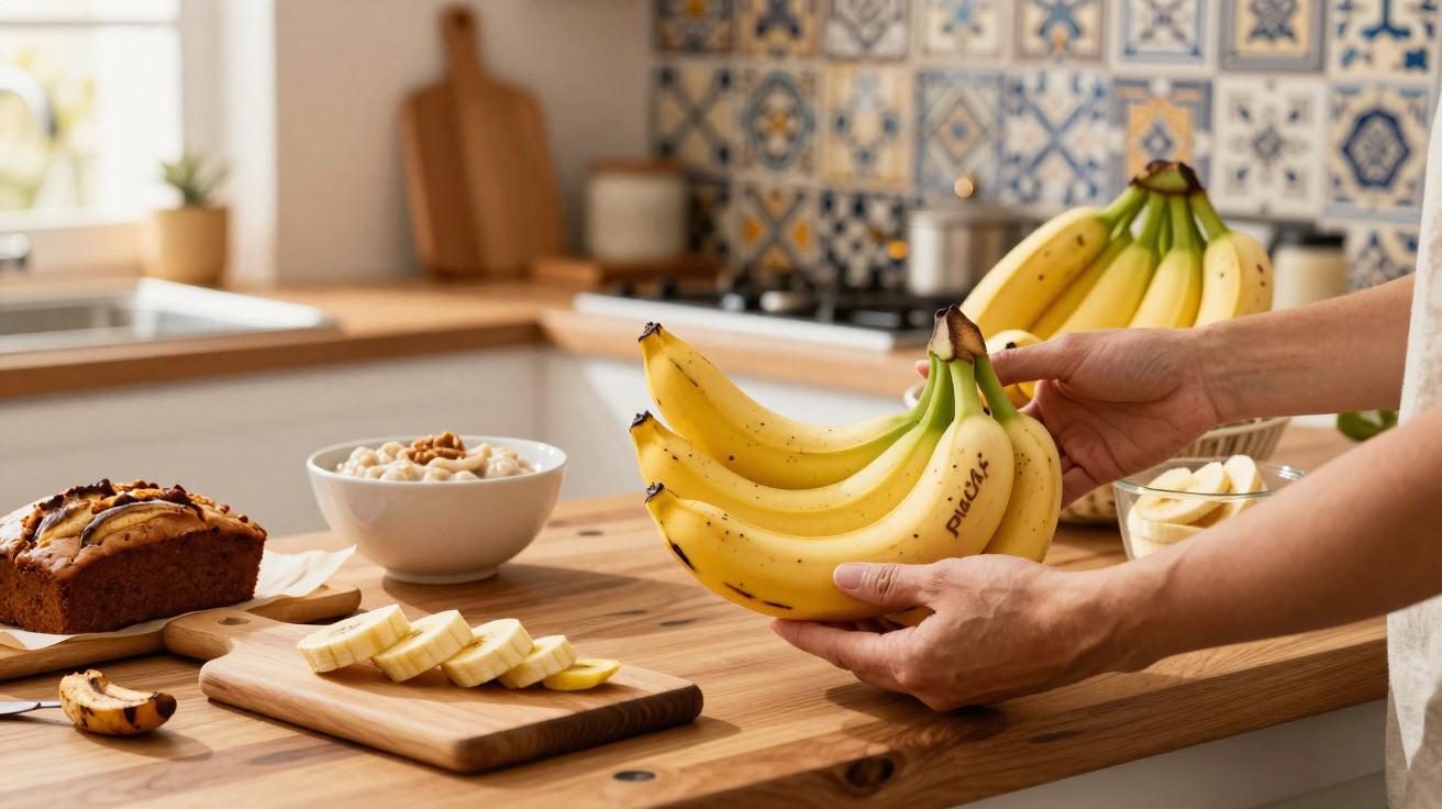 Pessoa a segurar cachos de bananas numa cozinha rústica com bolo, tâmaras e banana fatiada na bancada.