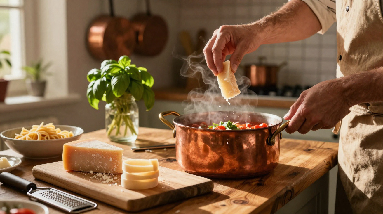 Pessoa a adicionar queijo ralado numa panela de molho de tomate fumegante numa cozinha acolhedora.