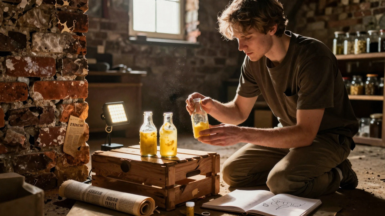 Jovem a preparar e estudar frascos com líquido amarelo numa sala rústica iluminada pela janela e luz artificial.