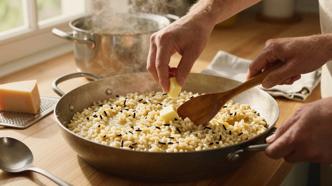 Mãos a adicionar pedaços de manteiga a um recipiente com arroz e arroz selvagem a cozinhar.