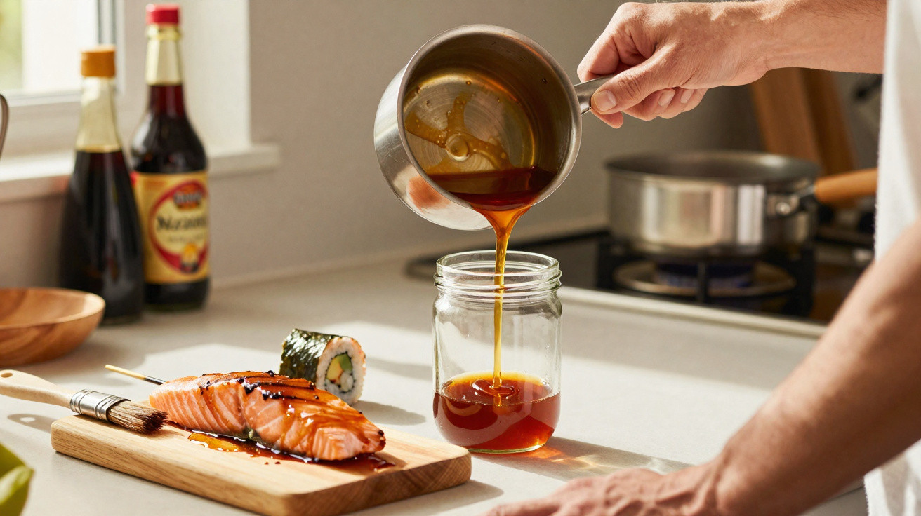 Pessoa a verter molho num frasco, com salmão e sushi numa tábua numa cozinha iluminada.