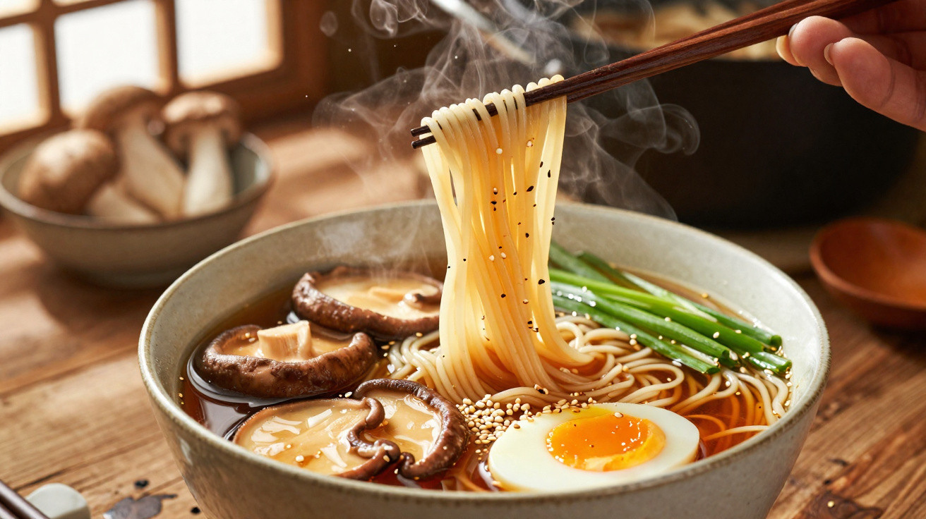 Tigela de ramen fumegante com noodles, cogumelos shiitake, ovo meia-casca e cebolinha a ser apanhada com pauzinhos.