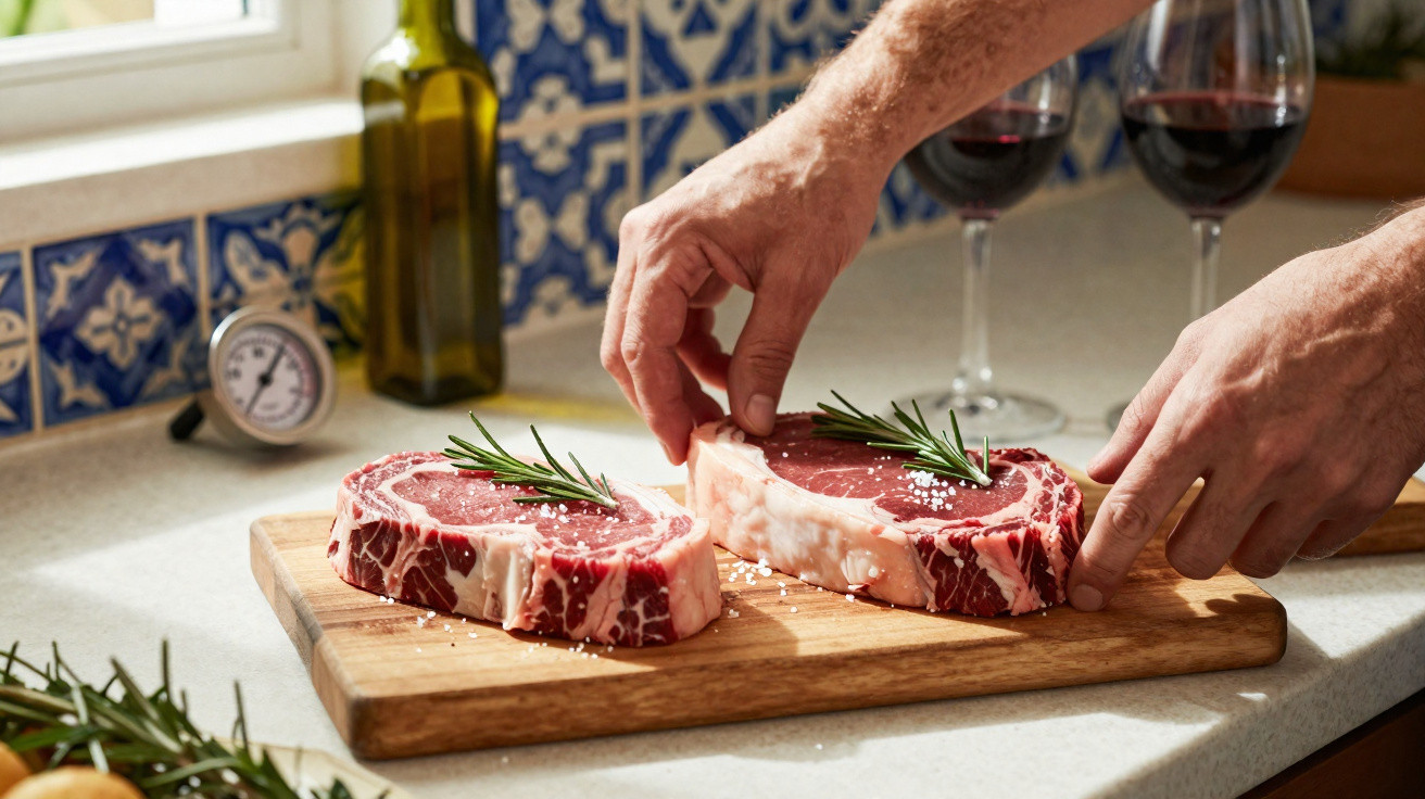 Mãos temperam bifes crus com alecrim e sal grosso numa tábua de madeira na cozinha, com vinho ao fundo.