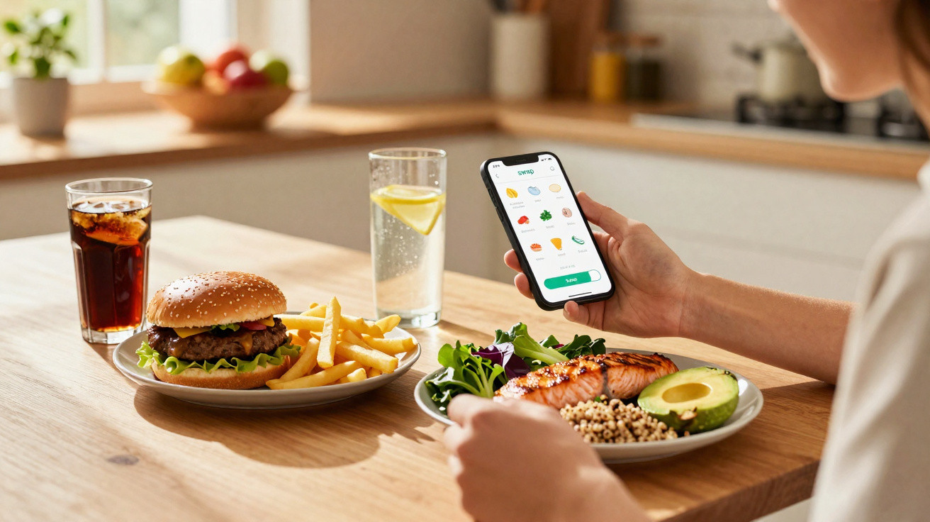 Pessoa a comparar comida saudável a fast food usando uma aplicação móvel numa cozinha.