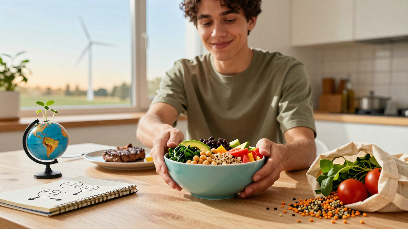 Jovem segurando taça com salada colorida em cozinha, com vegetais frescos e globo terrestre ao lado.