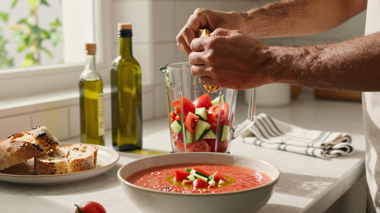 Homem a espremer pão numa taça com gaspacho e ingredientes frescos numa jarra na cozinha.