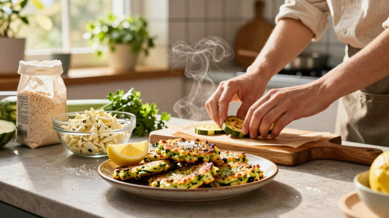 Pessoa a cortar courgette numa tábua com bolinhos de legumes e limão numa mesa de cozinha iluminada.