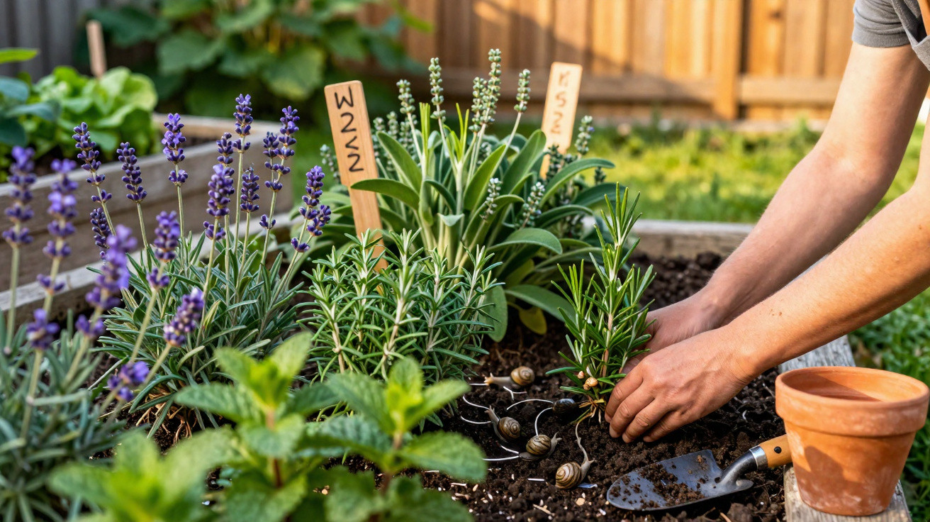 Pessoa a plantar ervas aromáticas num canteiro de jardim com terra e alguns caracóis.