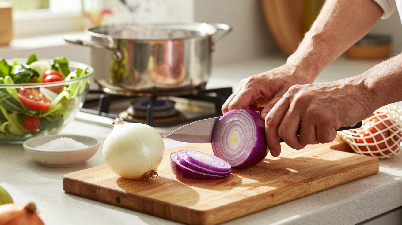 Pessoa a cortar uma cebola roxa numa tábua de madeira numa cozinha com vegetais e panela a cozinhar.