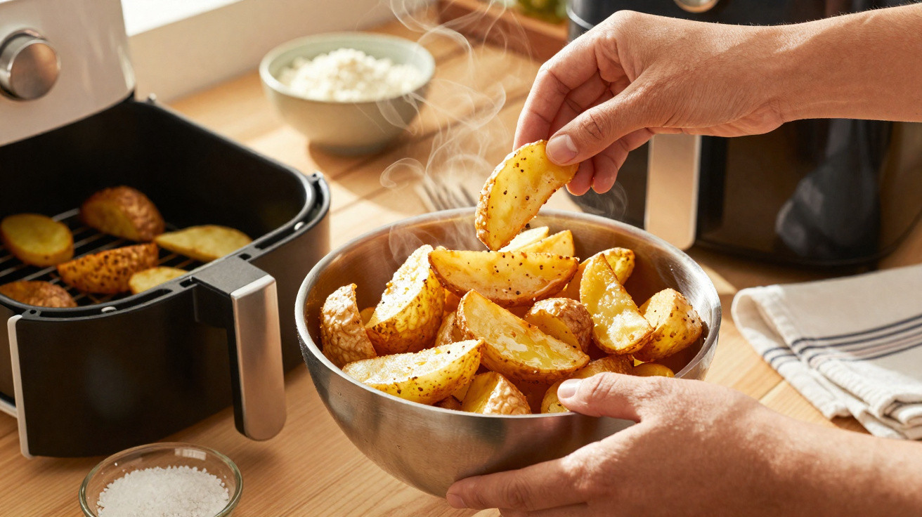 Batatas fritas a vapor numa tigela metálica, com uma fritadeira de ar e mãos humanas a retirar uma batata.