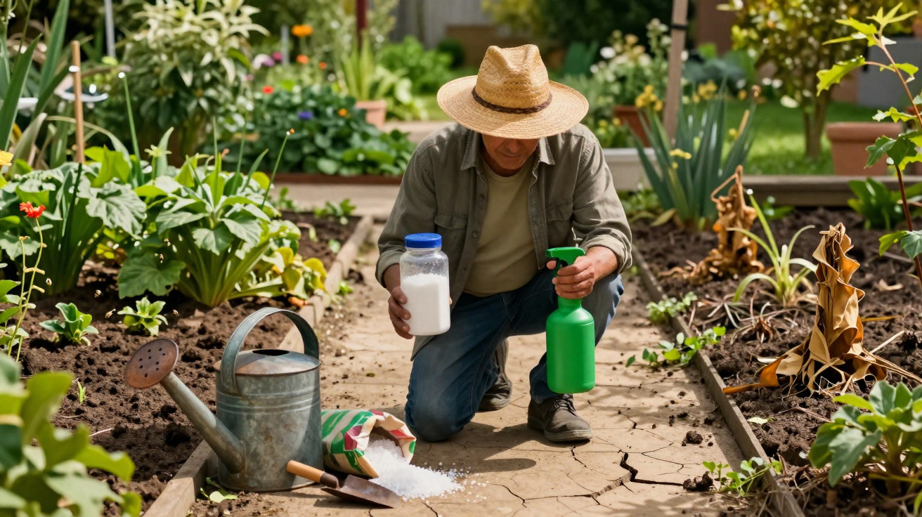 Homem com chapéu de palha a cuidar de um jardim usando fertilizante e pulverizador verde.