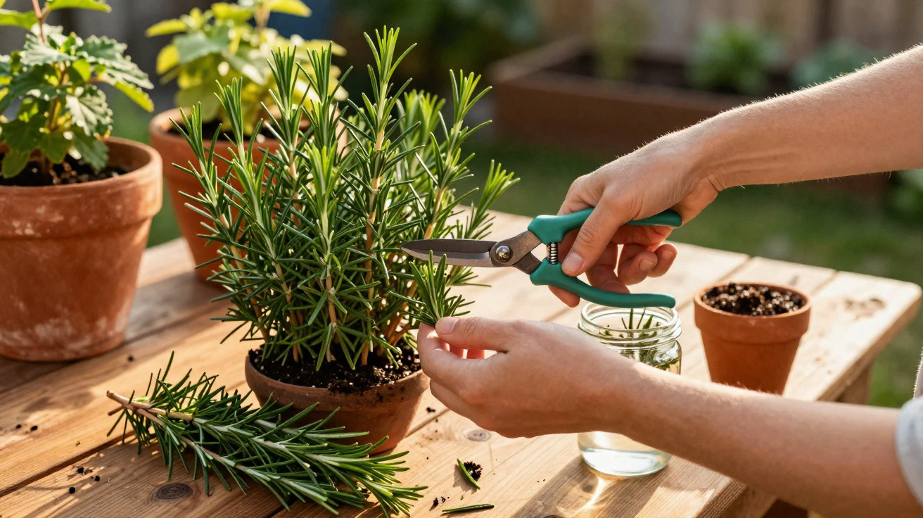 Pessoa a cortar alecrim com tesoura de poda numa mesa de madeira com vasos de plantas.