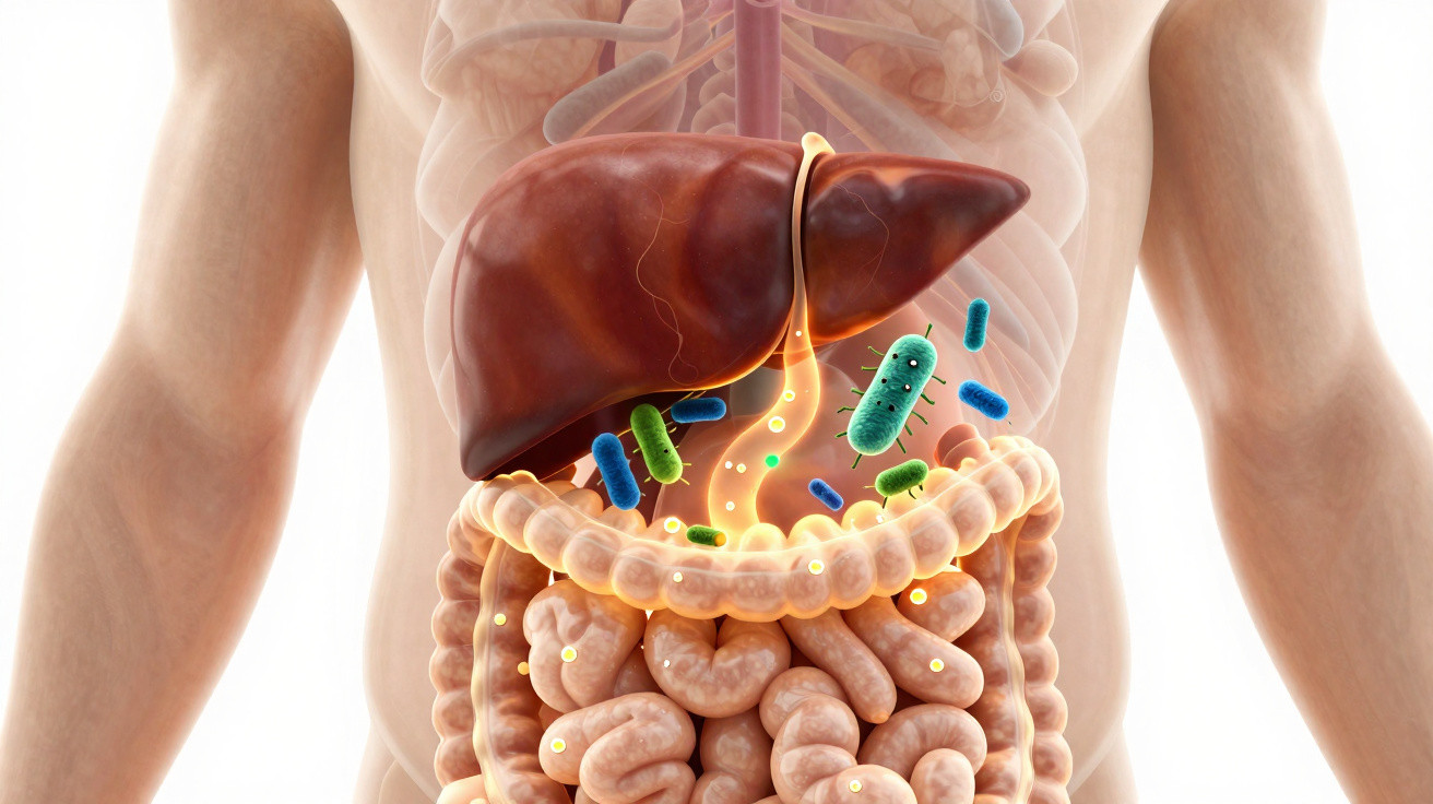 Ilustração do sistema digestivo humano com fígado, intestinos e bactérias intestinais coloridas.